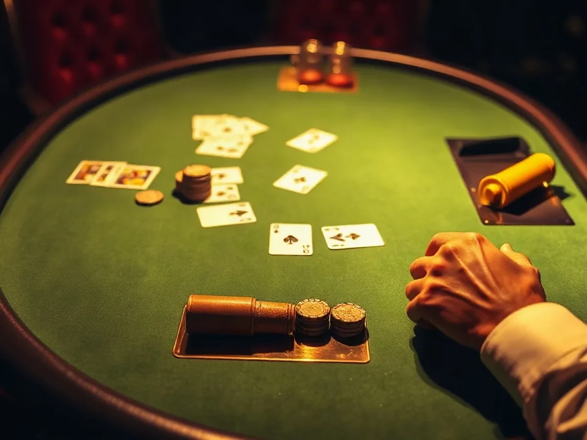 Green felt poker table with cards, standard chips and dealer’s hands.